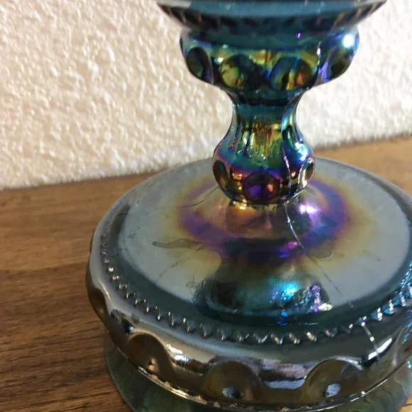 Kings Crown Blue Iridescent Carnival Glass Pedestal Candy Dish - Picture 9 of 10